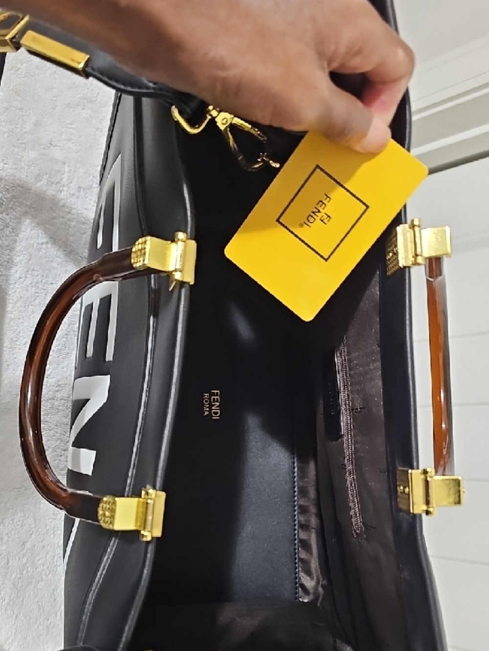 Fendi Black Leather Roma Logo Tote with Gold Accents - Picture 5 of 7